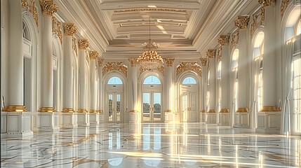 Fototapeta premium White and gold marble ballroom, featuring a large.