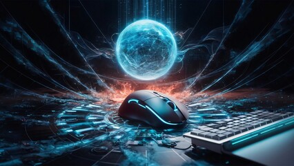 Futuristic Gaming Setup, Wireless Mouse and Keyboard with Digital Globe Interface