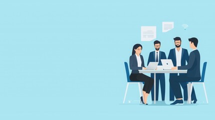 A group of professionals collaborating at a table with laptops and documents.