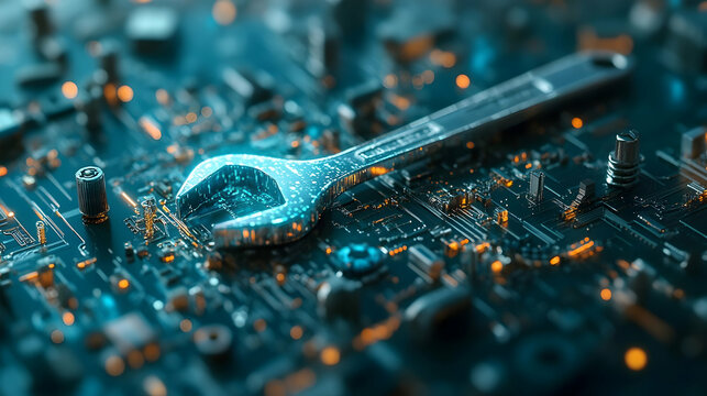 Close-up of wrench on circuit board, repair concept.