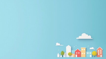 A minimalist illustration of colorful houses against a light blue background.