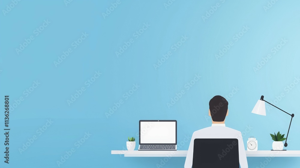 Poster a person sitting at a desk with a laptop and desk lamp in a minimalistic workspace.