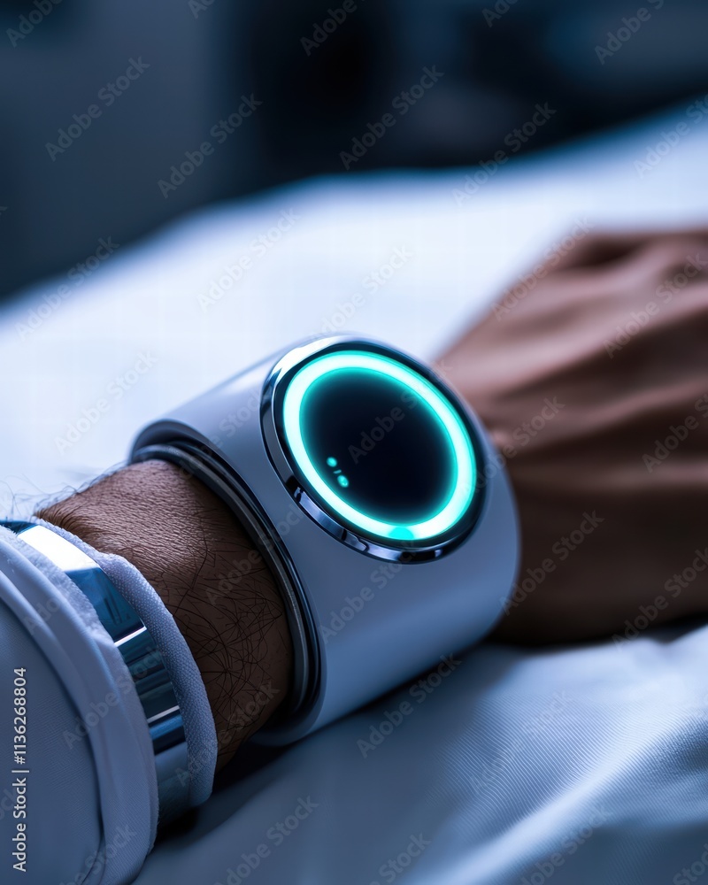 Poster a sleek smartwatch with a glowing circular display is worn on a wrist, showcasing modern technology 