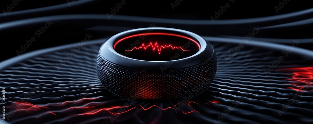 Poster a sleek, dark device displays a red sound wave pattern, emphasizing technology and audio innovation 