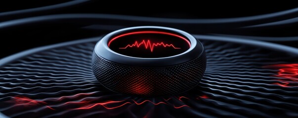 A sleek, dark device displays a red sound wave pattern, emphasizing technology and audio innovation in a modern, dynamic design.