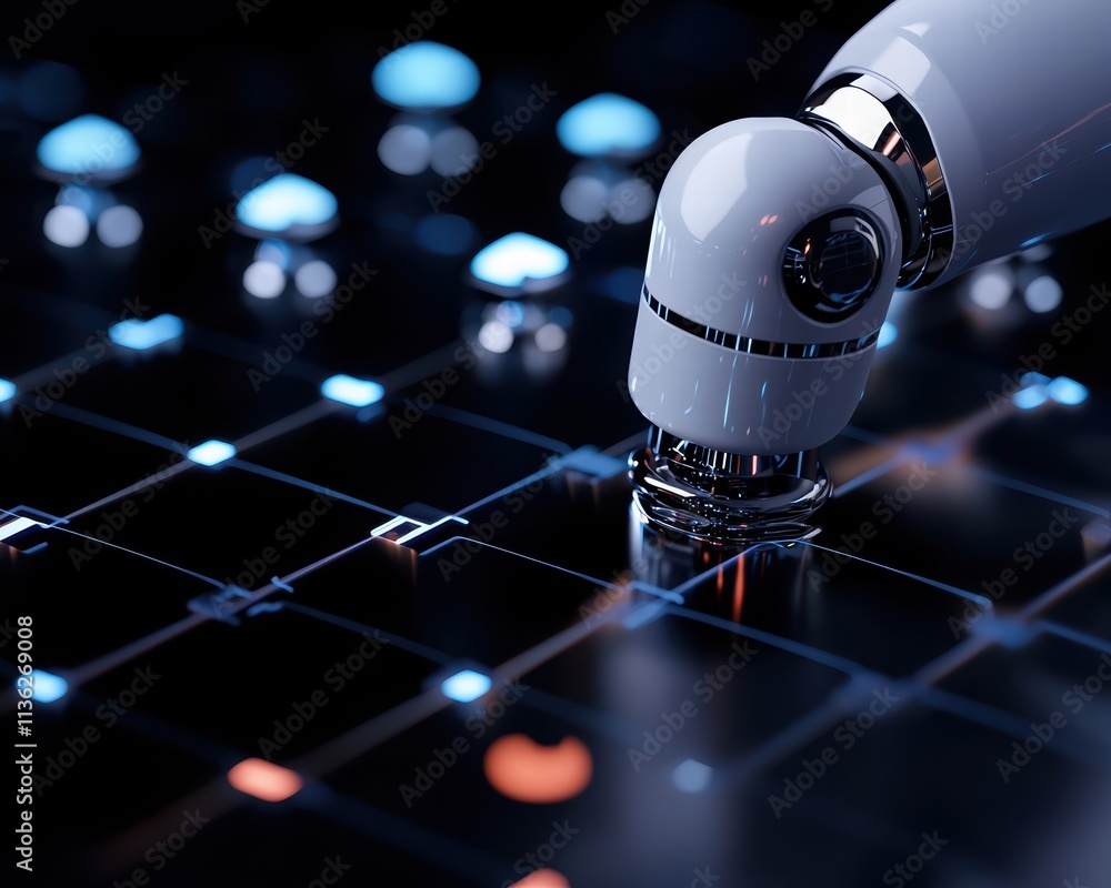 Poster a robotic arm interacts with a glowing grid interface, showcasing advanced technology and automation