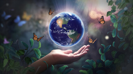 Hands protecting vibrant blue Earth on tropical green forest nature background, Earth day, Ecology and Nature theme.