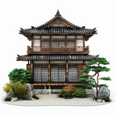 Fototapeta premium Traditional japanese house with a wooden facade and a tiled roof, featuring a serene zen garden with rocks, bushes, and trees, isolated on white background