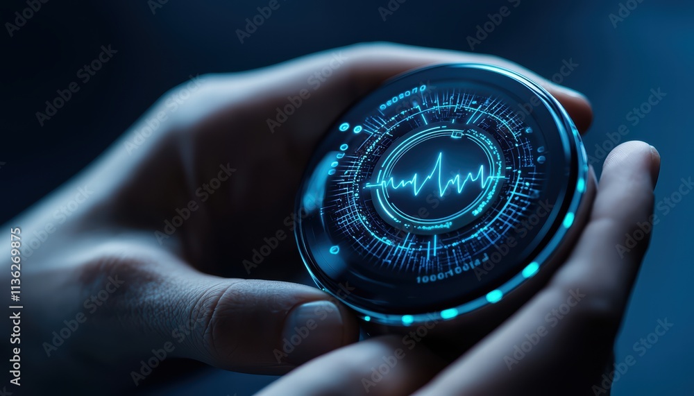 Poster a person holds a futuristic device displaying a heartbeat waveform, symbolizing health monitoring an