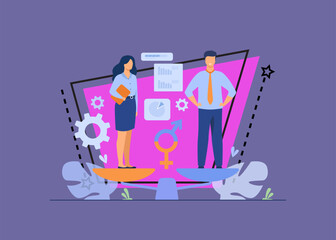 Gender equality concept. Equal business man and woman on balance scale. Male and female employees with equal career opportunities. Workforce without gender discrimination