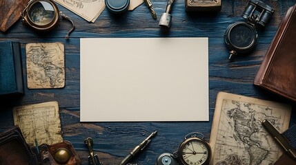 Blank cards and Vintage Exploration Tools on Wooden Table