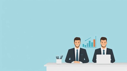 Fototapeta premium Two businessmen sitting at a desk with a laptop and a growth chart in the background.
