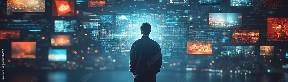 Aufkleber back view of a man exploring 3d cyberspace, surrounded by floating animated interfaces of online gam