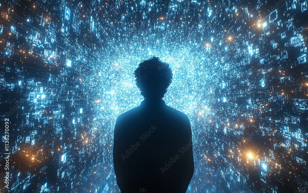 Aufkleber back view of a man in 3d cyberspace, surrounded by animated interfaces of social networks, online vi
