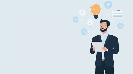 A businessman holding a tablet with ideas represented by light bulbs and icons around him.