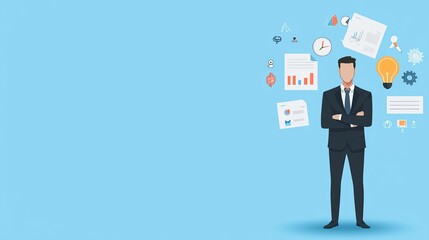 A businessman stands confidently with various business-related icons around him.