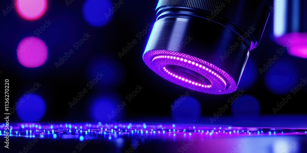 Poster a close-up of a microscope emitting vibrant purple light, showcasing intricate details on a surface,