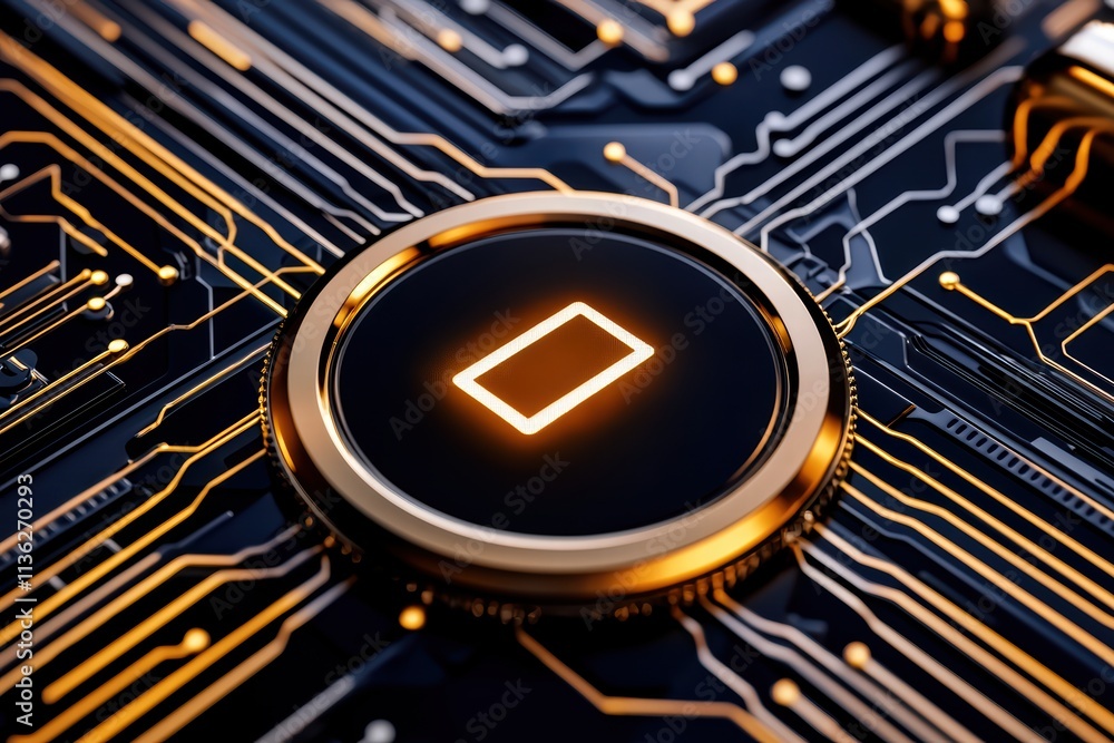 Poster a close-up of a sleek, modern circuit board featuring a glossy button, illuminated with a golden out