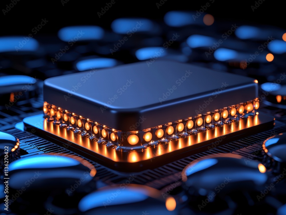 Poster a sleek, illuminated microchip surrounded by glossy surfaces, showcasing advanced technology and int