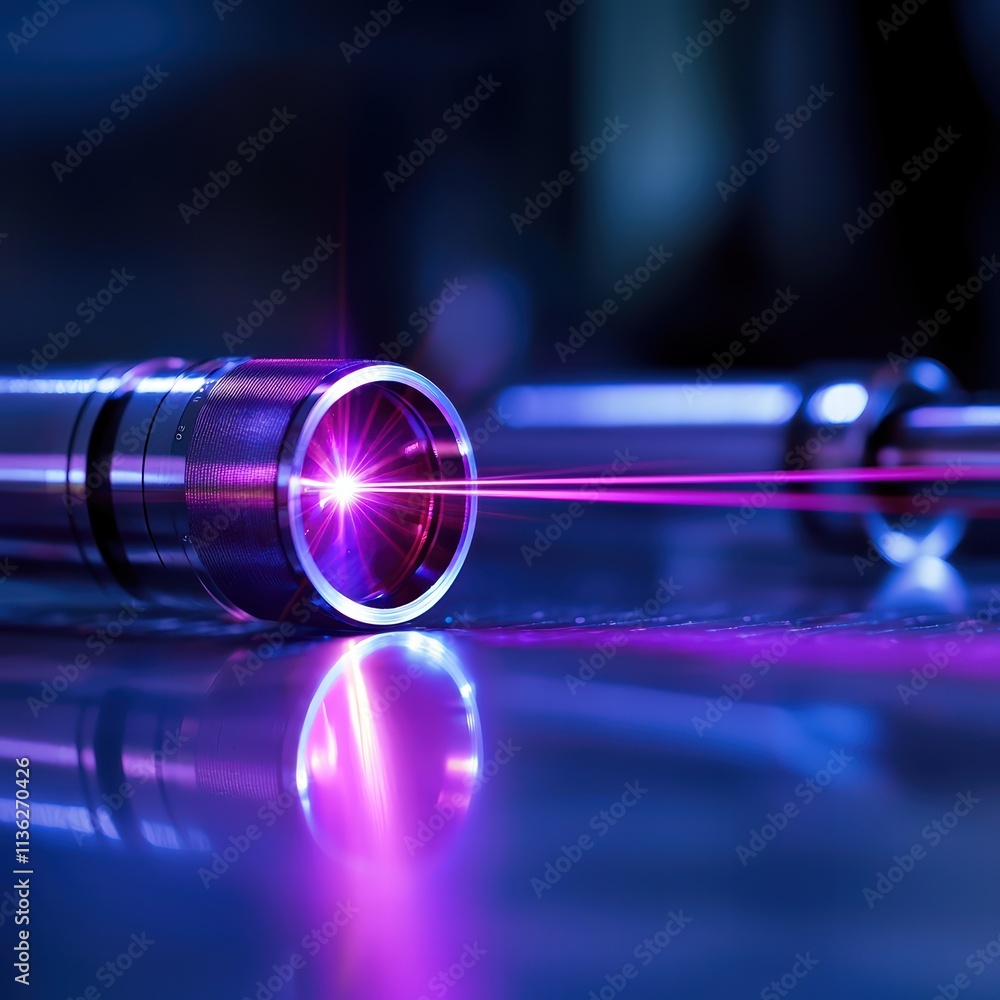 Poster a close-up of a laser pointer emitting a vibrant purple beam, showcasing its sleek design and reflec