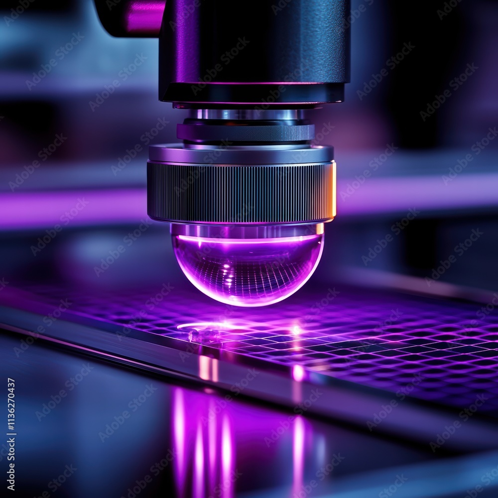 Poster a microscope with a vibrant purple light focuses on a droplet of liquid, highlighting intricate patt