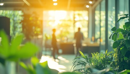 Blurred office with employees talking about recycling and sustainable practices, ecoconscious workspace, development of green projects and environmental goals