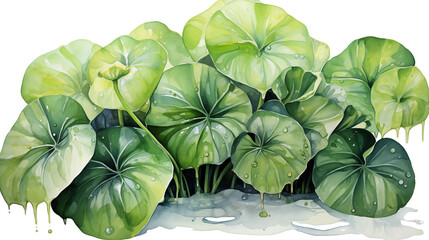 Detailed watercolor of Colocasia leaves with glistening water drops, highlighting their tropical charm, isolated on transparent background.