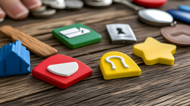 Colorful keychains with various symbols on wooden surface.