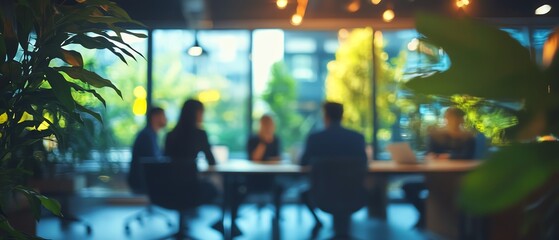 Blurry office scene with entrepreneurs brainstorming renewable energy, sustainability, and recycling initiatives, ecofriendly business meeting in a modern workspace
