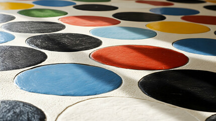 Colorful round shapes on a white surface, illuminated by sunlight.
