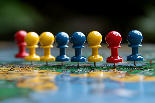 Colorful pins on a world map.