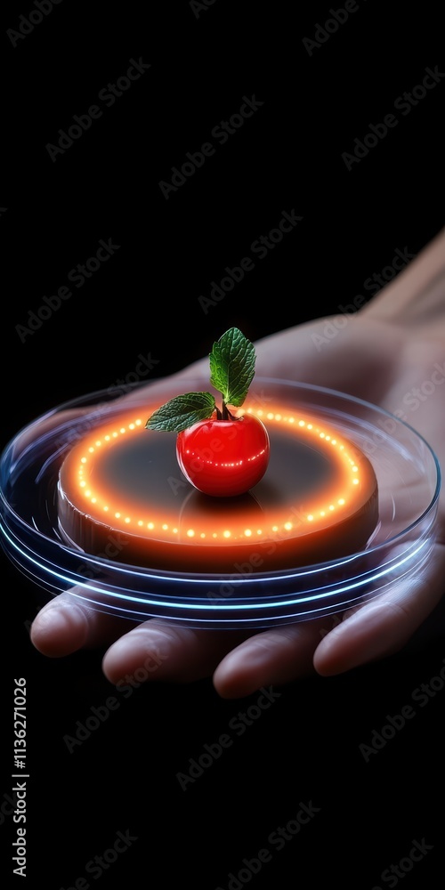 Poster a glowing red apple with a leaf rests on a futuristic circular display in a hand, symbolizing innova