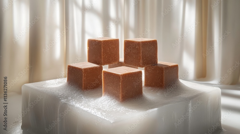 Poster aesthetically arranged brown sugar cubes on glossy surface with soft fabric background and natural l