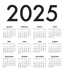 English Calendar grid regular digits for 2025. MF