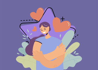 Happy woman self hugging flat vector illustration. Cartoon positive girl in blue shirt holding or embracing herself and smiling. Self-esteem, confidence and love concept