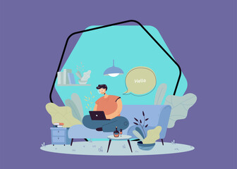 Happy guy sitting on sofa and working from home flat vector illustration. Cartoon businessman chatting with colleagues online via laptop computer. Freelance and distance work concept