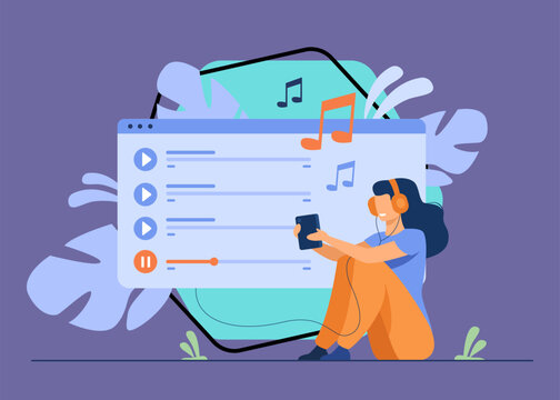 Happy girl wearing headphones, enjoying playlist, listening to music on mobile phone, singing songs. Vector illustration for entertainment, audio app, multimedia concepts