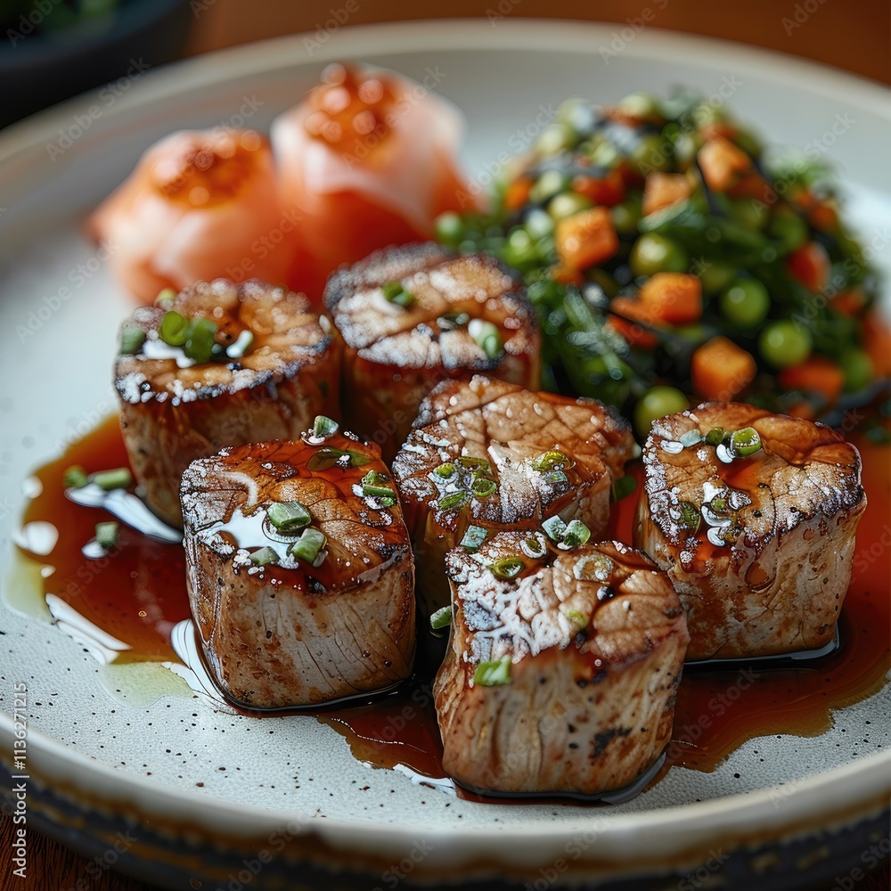 Wall mural A veal marsala with sushi on the plate.