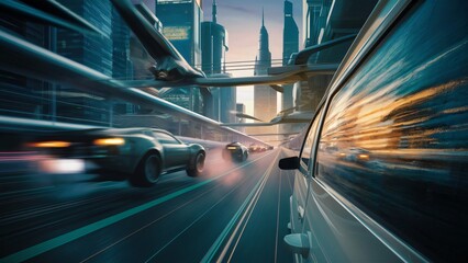 Fototapeta premium Futuristic City Highway, Flying Cars and Speeding Vehicles