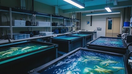 Obraz premium Marine Biology Research Facility with Multiple Tanks Housing Aquatic Life for Scientific Study and Experimentation in a Controlled Environment