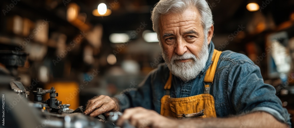 Poster senior mechanic working on engine in workshop.