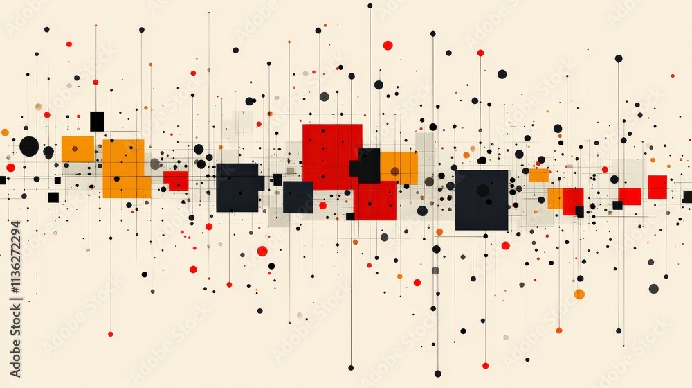 Poster abstract geometric composition with vibrant circles and squares in contrasting colors on a light bac