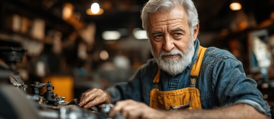 Senior mechanic working on engine in workshop.