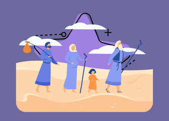 Fototapeta premium Moses leading Israelites across desert towards Promised Land flat vector illustration. Christian ancient prophet showing way through sands to characters. Bible narratives and religion concept