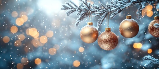 Fototapeta premium Frosty winter tree branch with golden ornaments and bokeh lights.