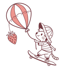 Fototapeta premium Cute raccoon character riding a skateboard with a balloon and strawberry, whimsical animal vector illustration, playful nursery art in pink and white