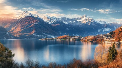 Majestic Alpine Lake at Sunrise: Breathtaking Panorama of Mountains and Village