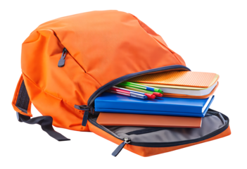  school backpack with stack book and pens isolate on white background