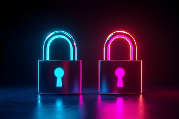Two glowing padlocks, one blue, one pink, on dark reflective surface.