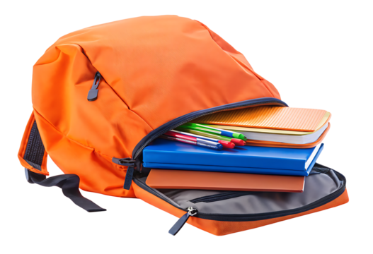  school backpack with stack book and pens isolate on white background